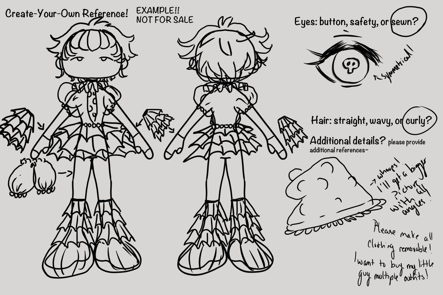 You remember Shroo? This is him in a concept reference for him to be made into a crocheted doll! If you would like me to make your oc, friend, or favorite anime character into a doll, I have these up for commission too! See links!