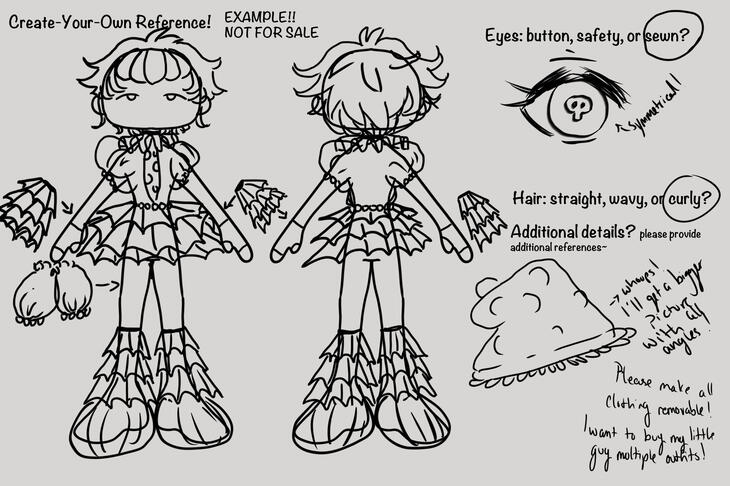 You remember Shroo? This is him in a concept reference for him to be made into a crocheted doll! If you would like me to make your oc, friend, or favorite anime character into a doll, I have these up for commission too! See links!